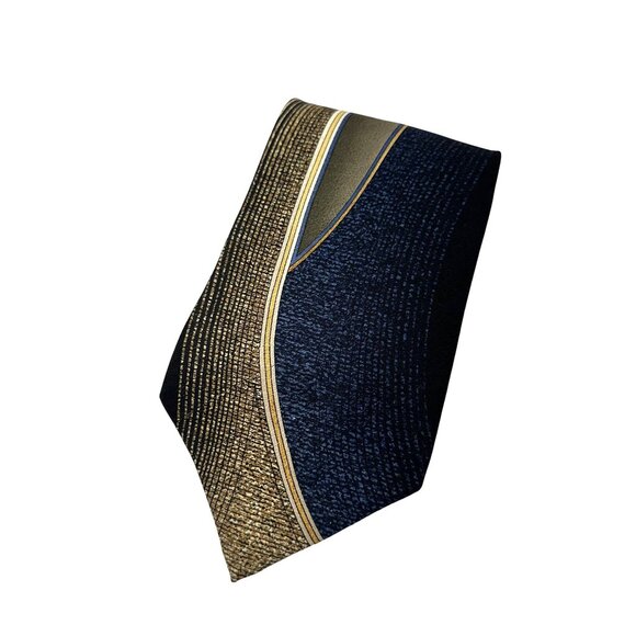 Roger Stuart Mens Necktie Couture Hand Made Silk Tie Navy Gold Geometric - Picture 1 of 4